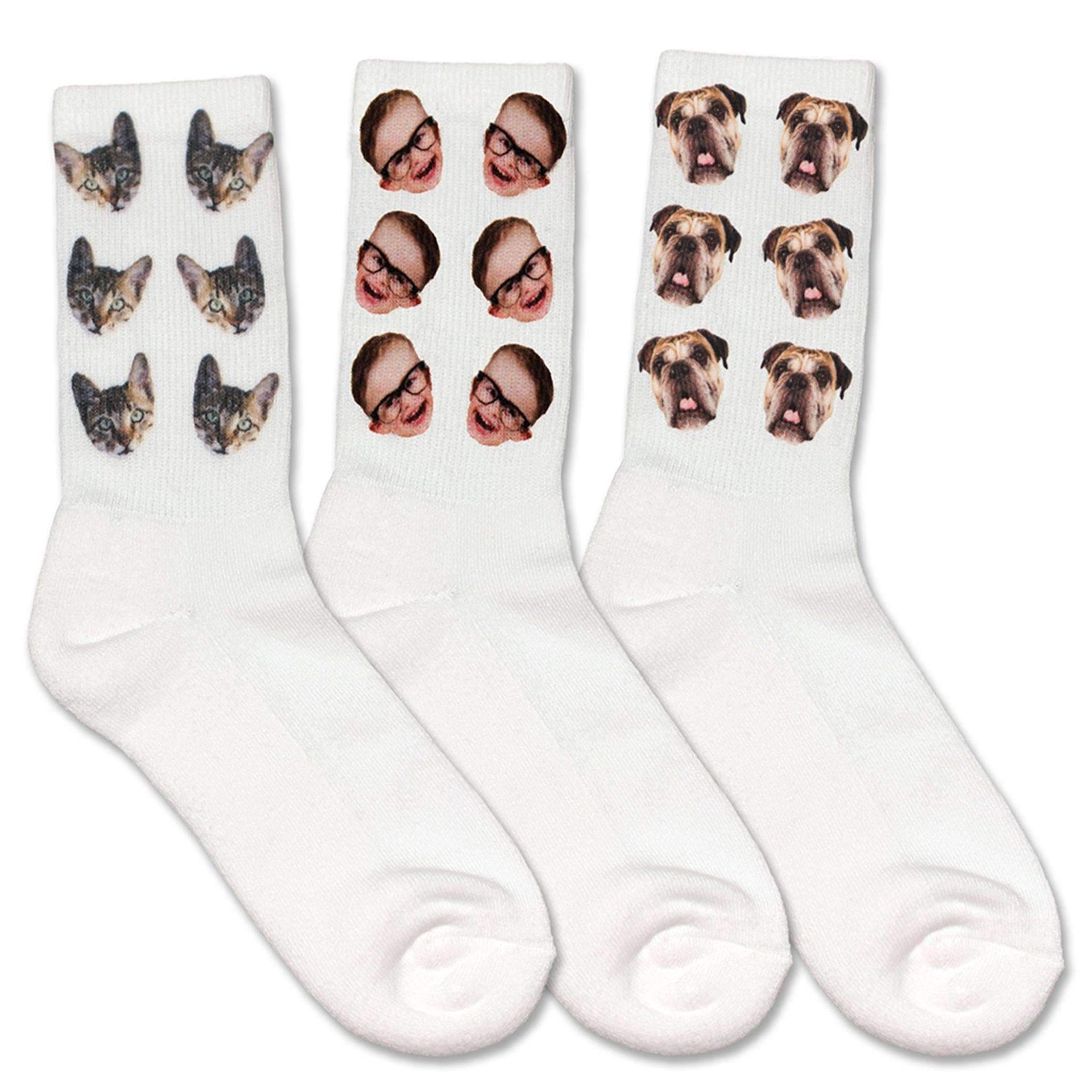 Cute photo face socks custom printed and personalized using your own photo cropped into the image and printed all over on both sides of the white cotton crew socks is the perfect unique gift.