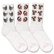 Adorable custom printed white cotton crew socks personalized with your own photo face cropped and printed all over both sides of the socks make a fun gift.