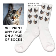 Custom printed and personalized using your own photo face cropped into the design and printed all over on both sides of the white cotton crew socks.
