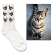Fun custom printed cotton crew socks digitally printed and personalized using your own photo face cropped in and printed all over both sides of the white cotton crew socks.