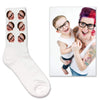 Funny photo face socks personalized using your own photo face cropped in and printed all over and both sides of the white cotton crew socks make an original pair of socks for any occasion.
