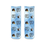 One of a kind cotton crew socks custom printed with blue wash background design and personalized using your own photo and text we digitally print in an all over design to make a unique pair of socks.