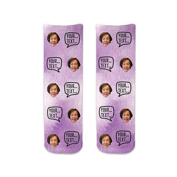 Cute purple wash background design custom printed on cotton crew socks and personalized using your own photo face cropped and your own text in the bubble make a unique gift for any occasion.