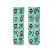 Turquoise speckle background design custom printed with your own text and personalized using your own photo in repeating pattern design digitally printed on both sides of cotton crew socks.