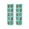 Turquoise speckle background design custom printed with your own text and personalized using your own photo in repeating pattern design digitally printed on both sides of cotton crew socks.