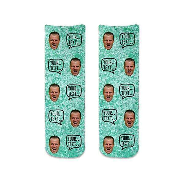 Turquoise speckle background design custom printed with your own text and personalized using your own photo in repeating pattern design digitally printed on both sides of cotton crew socks.
