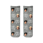 Comfy cotton crew socks custom printed with a gray granular background and personalized using your own photo and text we digitally print in a full printed design on both sides of the socks.