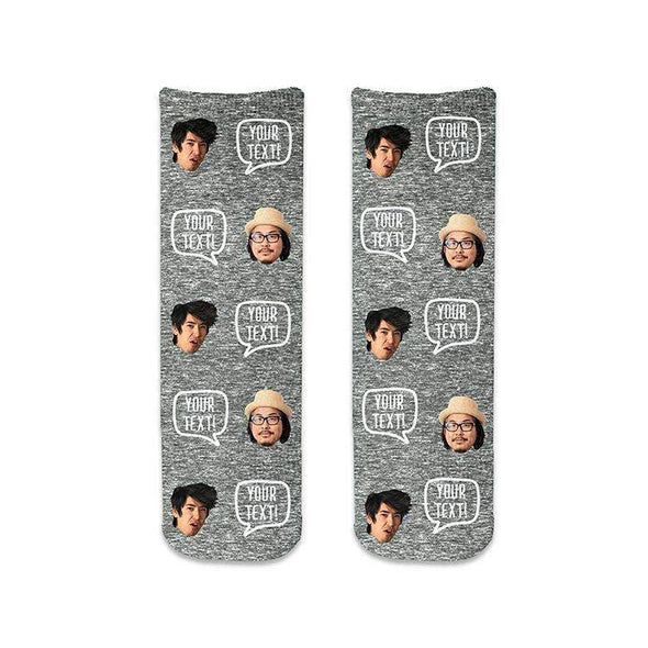 Comfy cotton crew socks custom printed with a gray granular background and personalized using your own photo and text we digitally print in a full printed design on both sides of the socks.