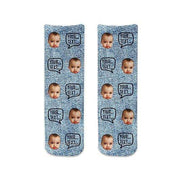 Cute cotton crew socks custom printed and personalized using your own photo and text we digitally print on a denim background creating a unique gift.
