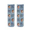 Cute cotton crew socks custom printed and personalized using your own photo and text we digitally print on a denim background creating a unique gift.