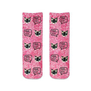 Pink speckle background design custom printed on cotton crew socks and personalized with your own text and photo face cropped and digitally printed in an all over design make a pair of socks to support breast cancer awareness.