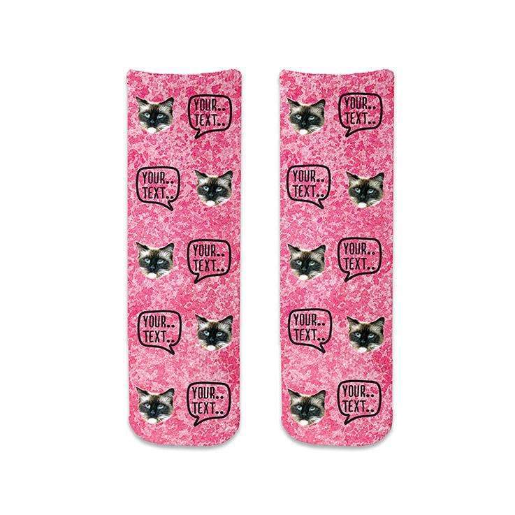 Pink speckle background design custom printed on cotton crew socks and personalized with your own text and photo face cropped and digitally printed in an all over design make a pair of socks to support breast cancer awareness.