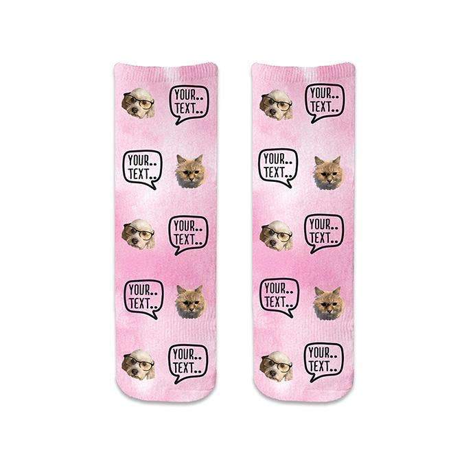 Super cute pink wash background design custom printed on cotton crew socks and personalized using your own text and photo digitally printed in ink all over both sides of the socks is a great pair of socks to support breast cancer awareness.