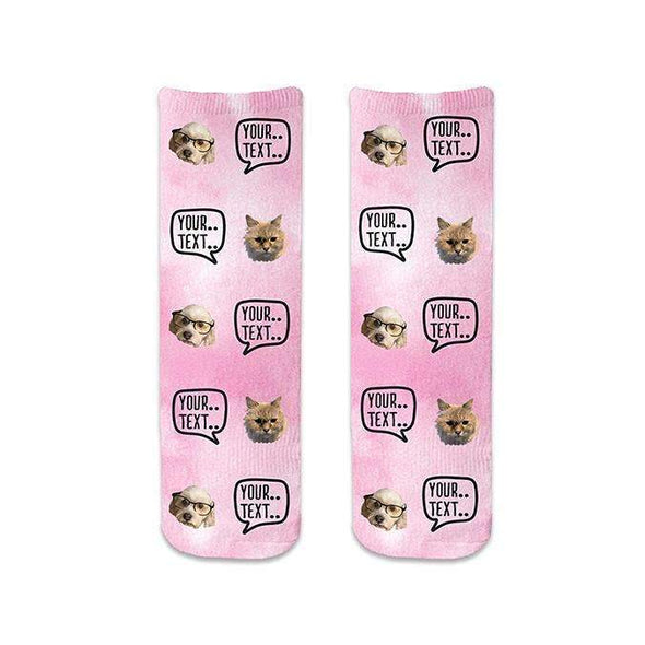 Super cute pink wash background design custom printed on cotton crew socks and personalized using your own text and photo digitally printed in ink all over both sides of the socks is a great pair of socks to support breast cancer awareness.