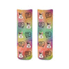 Cute rainbow wash background design custom printed and personalized using your own photo and text digitally printed in all over design on both sides of the socks make a unique gift.