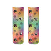 Super cute animal face photo socks custom printed on rainbow wash background and personalized using your own photo faces cropped in and printed all over the cotton crew socks make a unique gift idea.