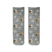 Black granular background design with cute custom photo faces using your photos cropped into the design and printed all over with paw prints on cotton crew socks.
