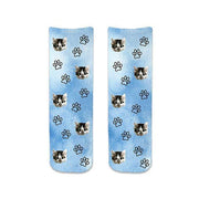 Cute animal face photo socks custom printed on blue wash background and personalized using your own photo faces cropped in and printed all over the cotton crew socks make a unique gift idea.