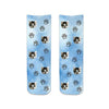 Cute animal face photo socks custom printed on blue wash background and personalized using your own photo faces cropped in and printed all over the cotton crew socks make a unique gift idea.