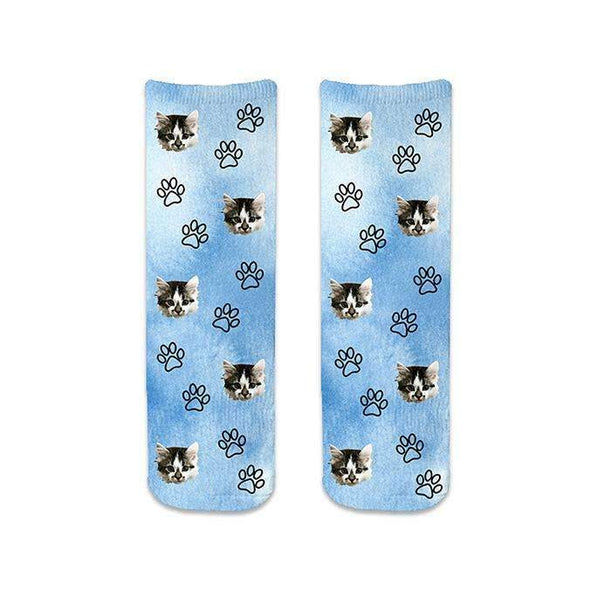 Cute animal face photo socks custom printed on blue wash background and personalized using your own photo faces cropped in and printed all over the cotton crew socks make a unique gift idea.