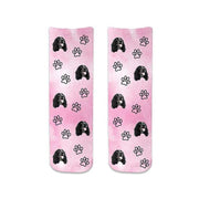 Adorable animal face photo socks custom printed on pink wash background and personalized using your own photo faces cropped in and printed all over the cotton crew socks make a unique gift idea.