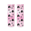 Adorable animal face photo socks custom printed on pink wash background and personalized using your own photo faces cropped in and printed all over the cotton crew socks make a unique gift idea.
