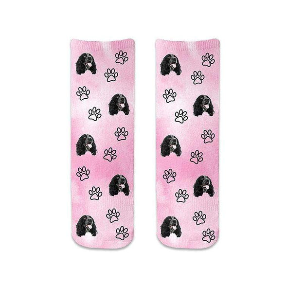 Adorable animal face photo socks custom printed on pink wash background and personalized using your own photo faces cropped in and printed all over the cotton crew socks make a unique gift idea.