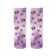 Amazing animal face photo socks custom printed on purple wash background and personalized using your own photo faces cropped in and printed all over the cotton crew socks make a unique gift idea.