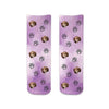 Amazing animal face photo socks custom printed on purple wash background and personalized using your own photo faces cropped in and printed all over the cotton crew socks make a unique gift idea.