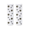 Cute animal face photo socks custom printed on white cotton background and personalized using your own photo faces cropped in and printed all over the cotton crew socks make a unique gift idea.