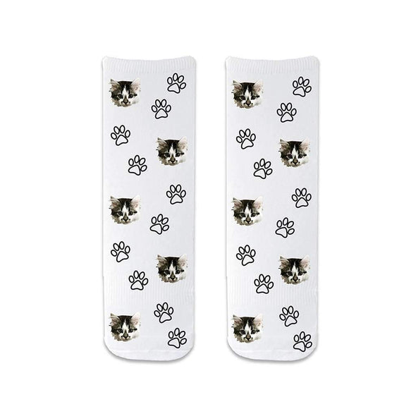 Cute animal face photo socks custom printed on white cotton background and personalized using your own photo faces cropped in and printed all over the cotton crew socks make a unique gift idea.