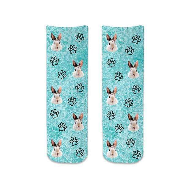 Cute animal face photo socks custom printed on turquoise wash background and personalized using your own photo faces cropped in and printed all over the cotton crew socks make a unique gift idea.