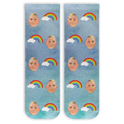 Cute rainbow clouds design custom printed with photo faces on cotton crew socks.