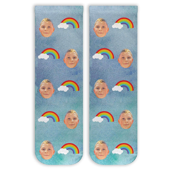 Cute rainbow clouds design custom printed with photo faces on cotton crew socks.