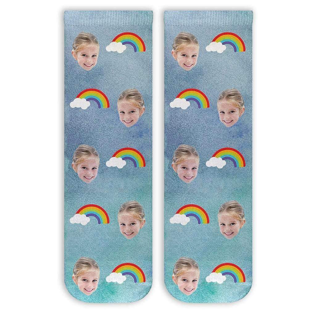 Cute rainbow design custom printed in repeating pattern personalized with your photo cropped in and digitally printed on cotton crew socks.