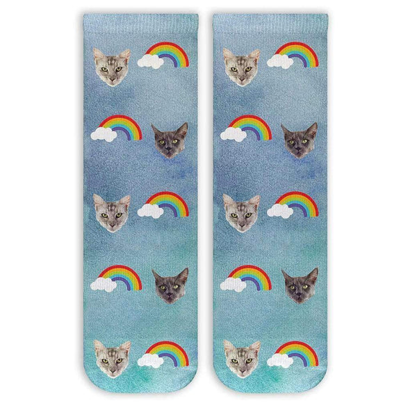 Cute rainbow designs with your personalized photo faces cropped into the design and digitally printed on cotton crew socks make the perfect gift for your little sister.