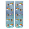 Cute custom printed socks with rainbow clouds design with blue background and personalized using your photo face printed on cotton crew socks.