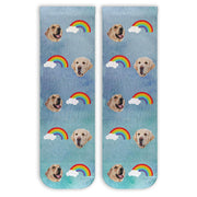 Cute photo faces custom printed on blue sky background with rainbow clouds design digitally printed on cotton crew socks.