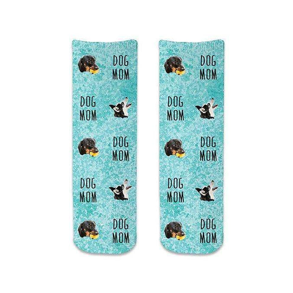Super cute dog mom socks custom printed and personalized using your photo cropped into the design with dog mom text digitally printed with blue wash background design on cotton crew socks.