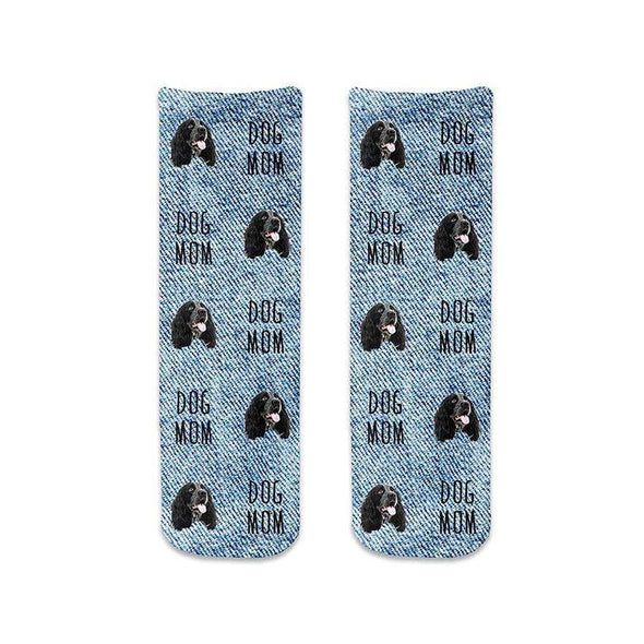 Cute denim printed cotton crews socks with dog mom design personalized using your own photo we crop the image and digitally print on the socks.