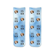 Custom printed dog mom socks, personalized using your photo cropped into the design and printed in all over blue wash design on cotton crew socks.