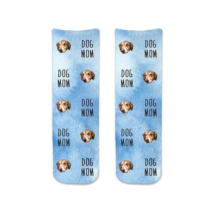 Custom printed dog mom socks, personalized using your photo cropped into the design and printed in all over blue wash design on cotton crew socks.