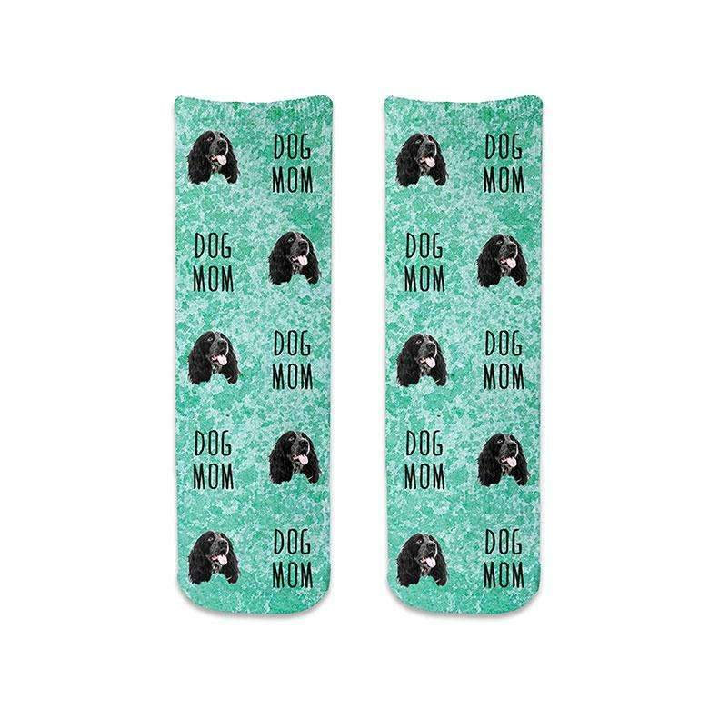 Cute dog mom socks with green wash background digitally printed on cotton crew socks personalized using your own photo face cropped into the design.