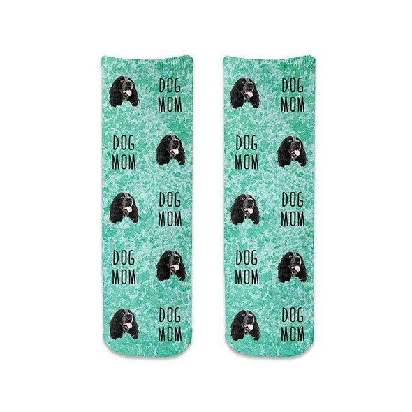 Cute dog mom socks with green wash background digitally printed on cotton crew socks personalized using your own photo face cropped into the design.