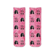 Custom printed dog mom socks perfect to support breast cancer awareness for October are these pink granular printed cotton crew socks with dog photo faces cropped and printed all over the socks make a perfect gift.