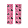 Custom printed dog mom socks perfect to support breast cancer awareness for October are these pink granular printed cotton crew socks with dog photo faces cropped and printed all over the socks make a perfect gift.