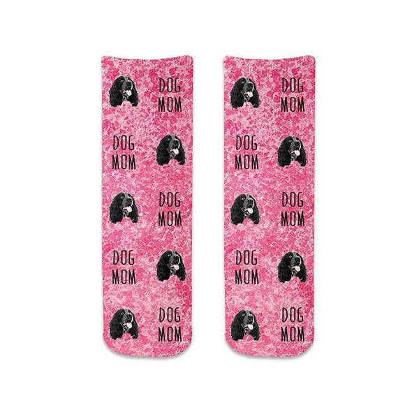 Custom printed dog mom socks perfect to support breast cancer awareness for October are these pink granular printed cotton crew socks with dog photo faces cropped and printed all over the socks make a perfect gift.