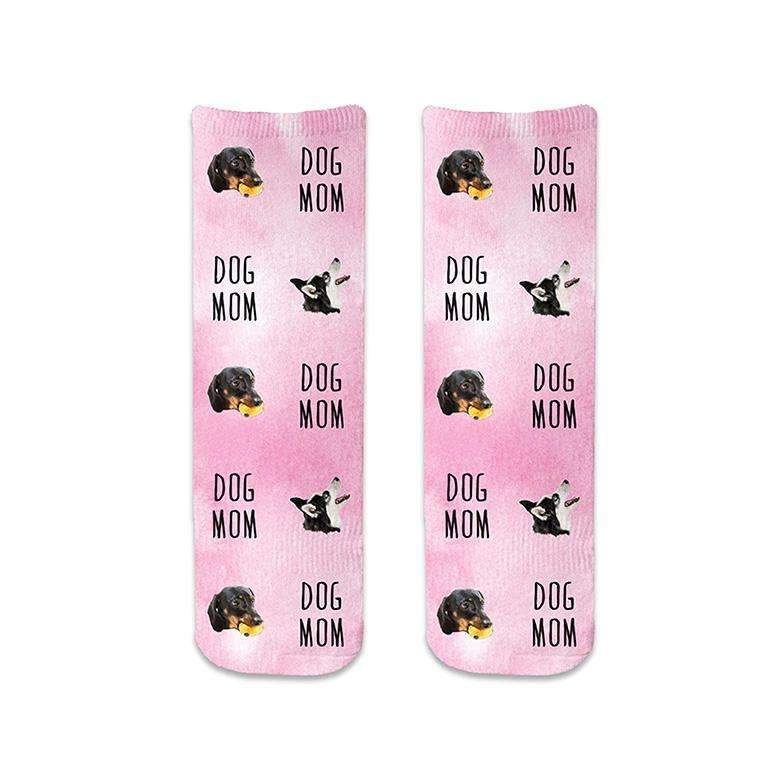 Cute dog mom socks printed with a pink wash background on cotton crew socks personalized using your own photos cropped in and printed in all over design are the perfect gift.