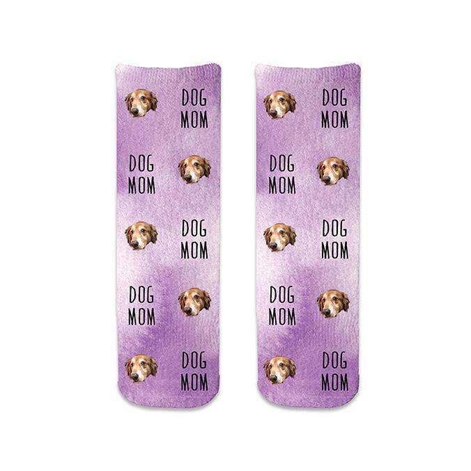 Cute dog mom socks digitally printed on purple wash background with your photo cropped and printed all over the design with dog mom text make the perfect gift for your dog loving friends.