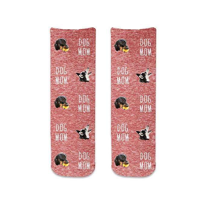 Cute red granular background printed on cotton crew socks personalized using your own photo face cropped in and digitally printed all over in the design make the perfect gift for Christmas.